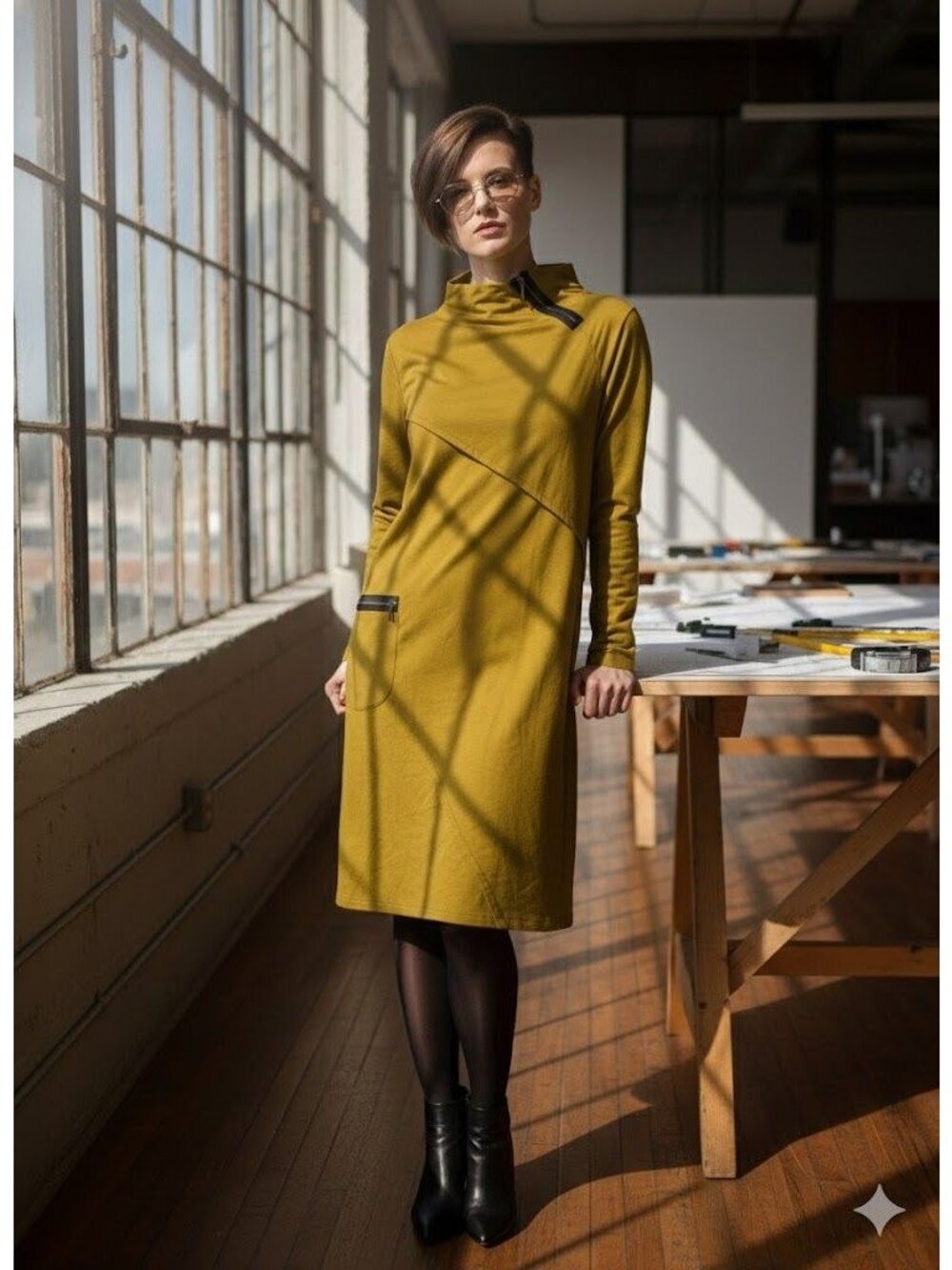Chalet Et Ceci Lagenlook Mock Neck Dress Large Mustard Yellow Zipper Art to Wear